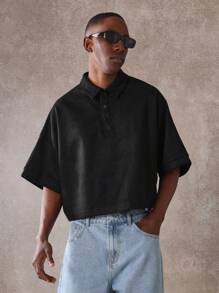 Camisa polo premium Sudette de ajuste oversize, de manga corta, casual, deportiva, diseño contemporáneo, ropa urbana y esencial para hombres, colección primavera verano - Negro - Ver 2