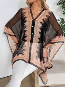 EMERY ROSE Women's I-Sheer Woven Fabric Lightweight Jacket With V Neck, Half Sleeves, And Asymmetrical Hem - Black - View 3