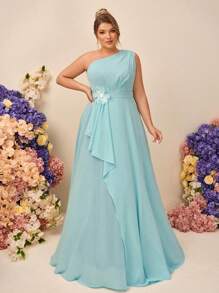SHEIN Belle Plus Size Elegant Simple Oblique Shoulder, High Waist 3D Flower Decor, Ruffle Hem Long Bridesmaid Dress - Mint Green - View 1