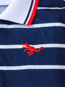 男童条纹恐龙刺绣 Polo 领短袖 T 恤，夏季 - 黑色 - 查看 5