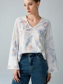 SHEIN Privé New V-Neck Plant Print Women Long Sleeve Blouse Top, Spring/Summer - White - View 5