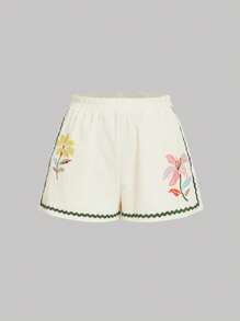 SHEIN MOD Wavy Pattern Floral Print Contrast Webbing Shorts, Vacation Wear,Summer/ Summer Outfits For Women,Vacation,Western,Boho,Graphic Shorts,Cottagecore,Brunch Outfits For Women,Tropical Vacation Woman Clothes