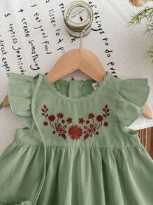LMoss Kids LMoss Baby Girl Woven Embroidered Round Neck Ruffle Hem Dress With Diagonal Shoulder Bag,Sisters Outfit,Suitable For Spring And Summer - Green - View 3