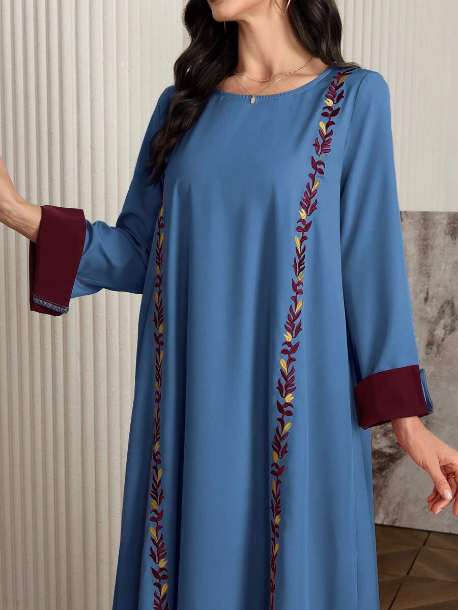 Al Najma 女式优雅拼色刺绣朴素时尚阿拉伯风格长裙，春/秋 - 霧霾藍 - 查看 1