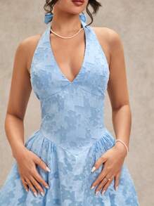 SHEIN BAE 夏季浅蓝色海滩度假浪漫约会甜美深 V 领细肩带纹理提花连衣裙，适合情人节、派对、约会、伴娘、舞会、日常穿着、蓝色连衣裙、生日迷你连衣裙 - 淺藍色 - 查看 6