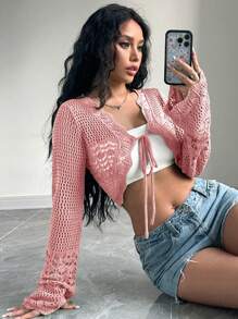Flirla Cardigan Pendek Wanita Warna Polos dengan Lubang dan Tali di Bagian Depan, Cocok untuk Liburan Musim Gugur dan Musim Dingin. - Berwarna merah muda - View 3
