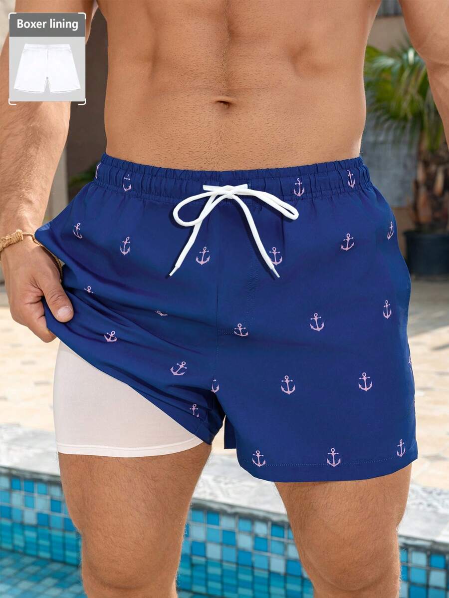 Palasendo Men's Simple Fashionable Casual Beach Shorts, Everyday Wear,Hawaiian, Navy Blue Swim Trunks, Men's Swim Trunks, Anchor Print Swim Trunks, Men's Beachwear, Men's Swim Shorts - Navy Blue - View 1