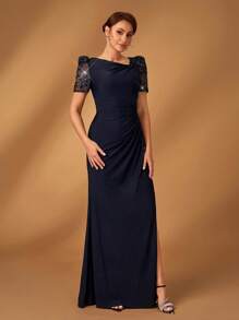 Serin Vestido de noche elegante y hermoso de color azul marino oscuro con mangas cortas, bordado floral con cuentas, tejido elástico plisado con abertura baja en la Bottom tipo cola de pez, adecuado para cena, despedida de soltera, cita, festival de música, baile, vacaciones, boda, evento, novia, madre, Día de San Valentín - Azul Marino - Ver 6
