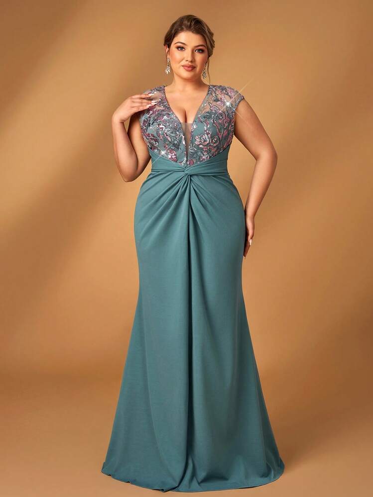 Serin Plus Size Elegant Romantic V-Neck Luxurious Sequins Embellished Elastic Knitted Body-Skimming Mermaid Hem Mother Dress - Dusty Blue - View 6