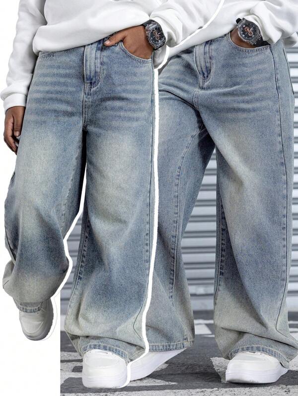 SHEIN Tween Boy Fashion Casual Vintage Blue Comfortable Base Baggy Wide-Leg Jeans Boys Cool Boys Thanksgiving For Kids Clothes Boys Costume Dailywear And Kids Summer And Spring Clothes