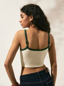 Easelle 女士休闲撞色边饰绿色修身短款背心，春夏