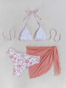 Swim Mod Conjunto de bikini sexy de mujer con estampado floral y lazo en el cuello estilo halter para vacaciones en la playa con falda cubierta, estampado aleatorio, 3 piezas
