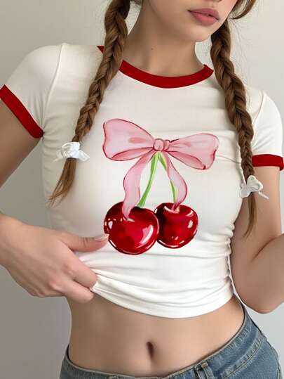SHEIN 可爱蝴蝶结和樱桃印花，撞色红色，少女休闲简约修身圆领短袖短款上衣 T 恤，适合夏季