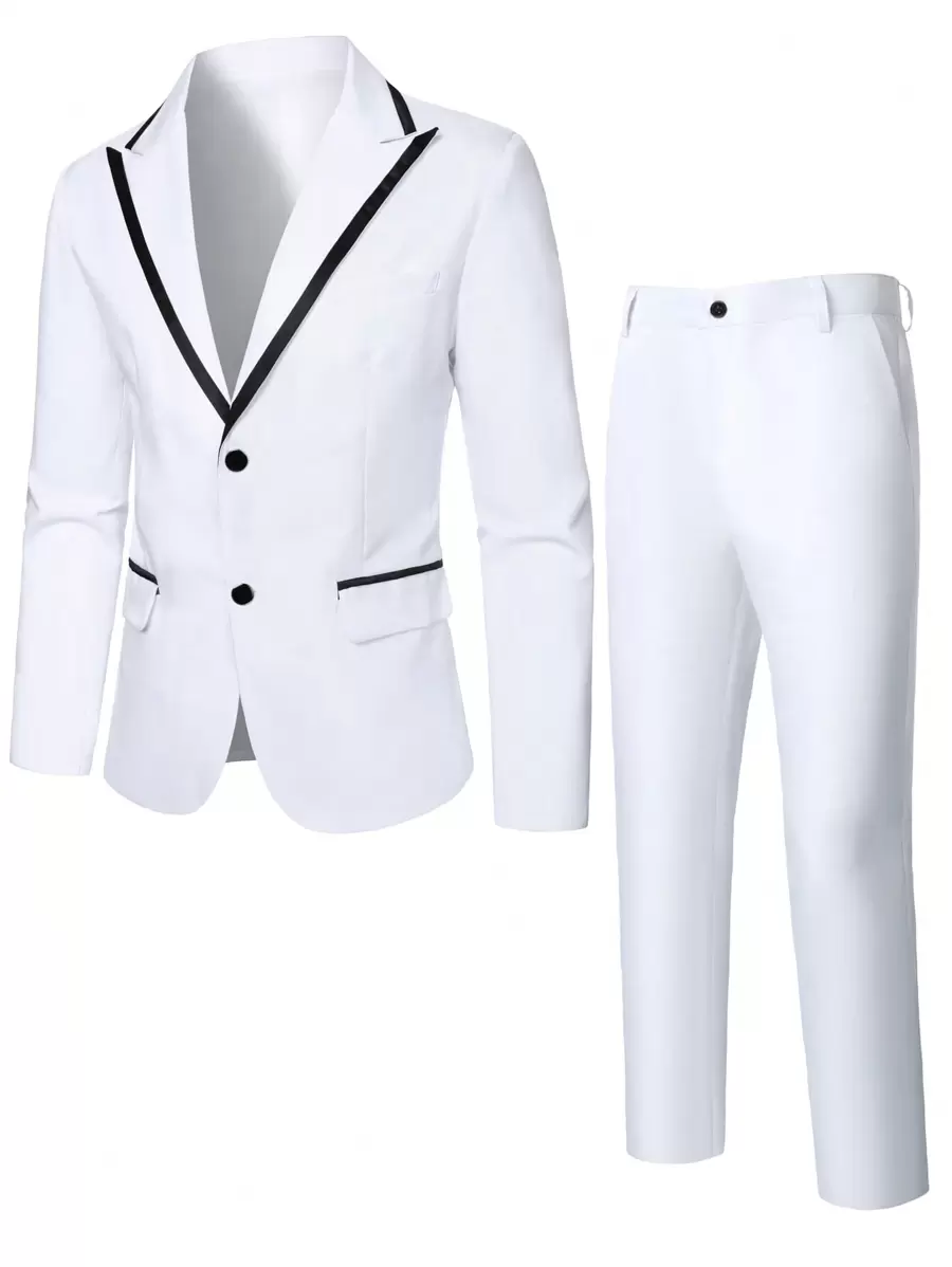 Manfinity Homme 2pcs Men's Contrast Trim Suit Set: Blazer And Pants - White - View 1