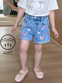 Girls' Casual All-Match Heart Print Frill Hem Washed Denim Shorts, Cute Versatile Commuter Design, Spring/Summer 2025 New Arrival, Suitable For Daily Wear - Medium Wash - View 1
