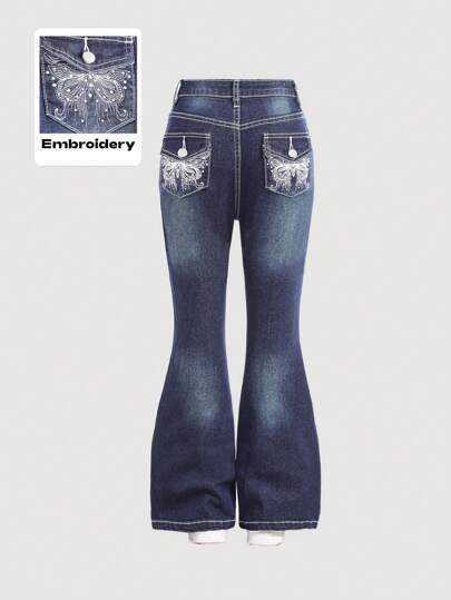 SHEIN Tween Girl Fashion Y2K Low Waist Vintage Rhinestone Butterfly Embroidered Denim Flare Leg Jeans, Fall Winter Clothes Back To School