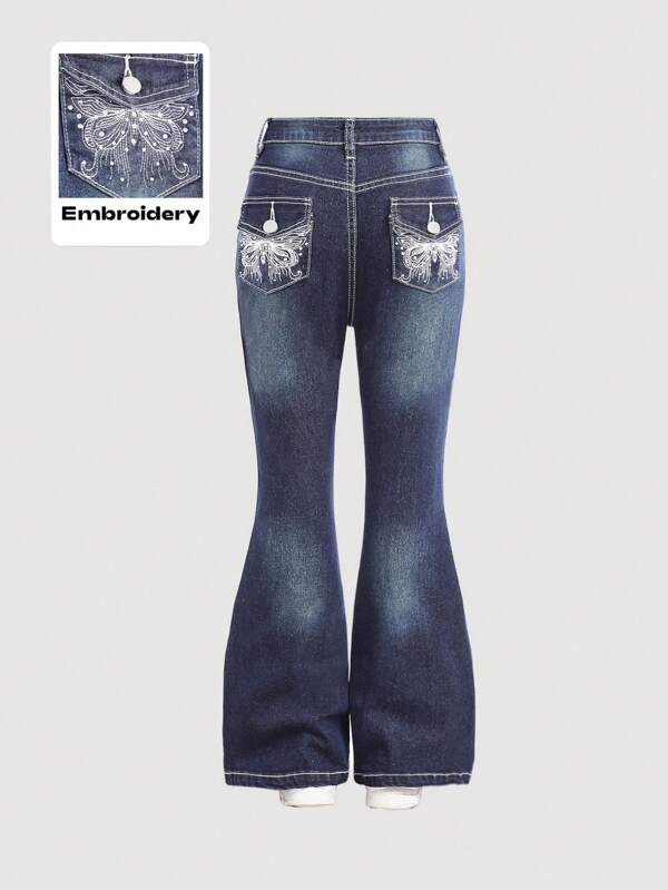 SHEIN Tween Mädchen Fashion Y2K Low Waist Vintage Strass Schmetterling Bestickte Jeans mit ausgestelltem Bein, Mädchen Herbst Winter Kleidung Back to School Outfits