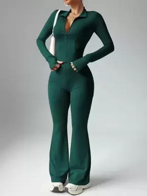 Dewbera Women Solid Color Long Sleeve Zip-Up Jacket And Flared Pants Sports Suit Gym Women Outfit