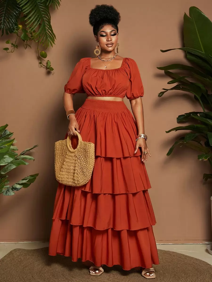 Maweii 2 件加大码套装，纯色短袖方领上衣和裙子 - 橘色 - 查看 1