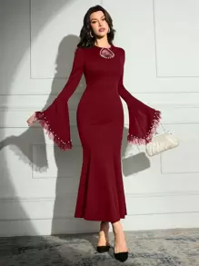 Modelyn 女士圆领长袖蕾丝拼接修身长款黑色正式优雅连衣裙长款晚礼服 - 酒紅色 - 查看 6