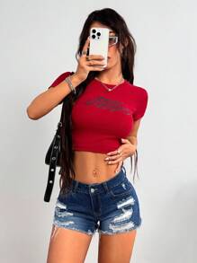 SHEIN PETITE 女士性感修身牛仔破洞短裤，蓝色 - 中等水洗藍 - 查看 5