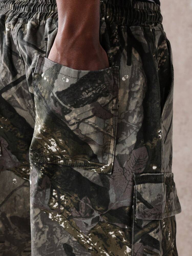 Camouflage Denim Shorts With Pockets