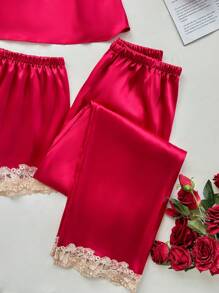 SilkySpell 3pcs Women Sleepwear Set: Contrast Trim Elegant Satin Camisole Shorts And Long Pants