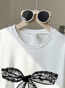 Teen Girls Lace Bow Print Round Neck Short Sleeve T-Shirt And Fitted Flare Knit Pants 2 Pieces Set