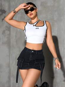 SHEIN PETITE Women's Cargo Pocket Bodycon Casual Denim Mini Skirt