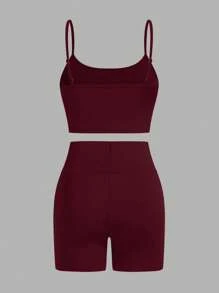SHEIN Essnce 女士三件套：休闲轻便运动背心、性感健身紧身短裤和纽扣衬衫、女士户外/运动/旅行套装、女士两件套服装、夏季套装 - 酒紅色 - 查看 5
