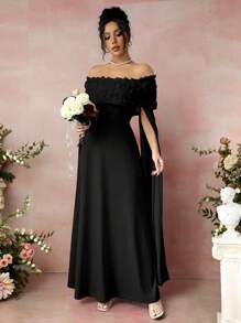 Rafferiza 情人节浪漫约会优雅女士露肩大红色3D花朵超长开衩袖休闲连衣裙 - 黑色 - 查看 1