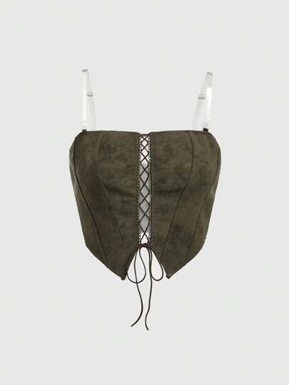 Grunge Punk Vintage Music Festival PU Sexy Distressed Lace Up Cropped Tube Top For Women