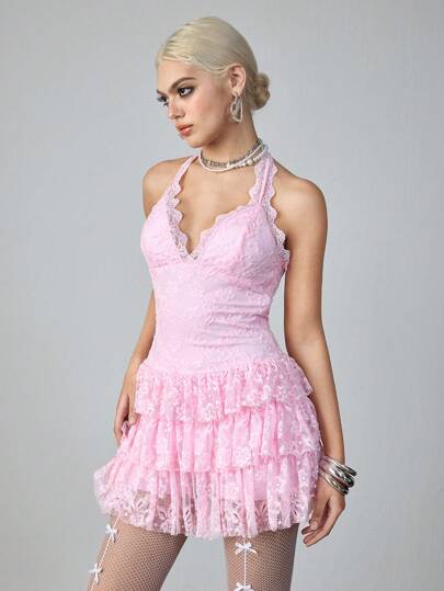 ROMWE Avant Vestido corto de mujer con cuello halter, volantes y encaje en contraste