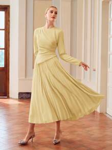 ZEYLAH 女士优雅纯色褶皱下摆连衣裙