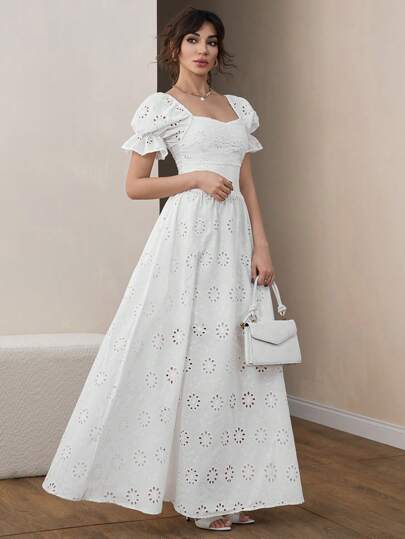 CLARA VERO Elegant, Balloon Sleeve, Eyelet Embroidery, White Maxi Dress