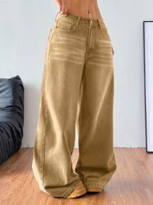 Coolane 女士休闲百搭牛仔裤，带口袋，宽松阔腿裤 - 卡其色 - 查看 5