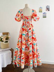 Soleia 女士彩色花卉印花泡泡袖荷叶边下摆浪漫度假连衣裙，适合春季、婚礼、毕业典礼、返校派对、休闲、单身派对、复古、夏季、热带图案 - 彩色 - 查看 2