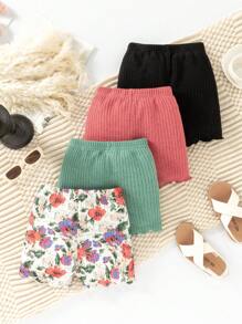 4pcs Young Girls Casual Ditsy Floral & Solid Ribbed Comfortable Versatile Shorts