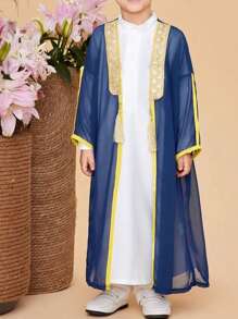 2pcs Set Teen Boys Golden Embroidery Splice Blue Chiffon Long Robe, Drop Shoulder Long Outerwear, White Stand Collar Long Sleeve Long Robe, Robe Set - Multicolor - View 11