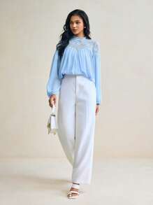 Mykaelle Rosa Áo cánh tay dài cổ giả màu xanh lam đơn giản cho công sở, ren xếp nếp màu trơn, chiffon xanh, công sở - Màu xanh lam - Xem 4