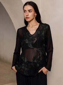 SHEIN Privé 女士系带领长袖优雅知性刺绣网眼衬衫 - 黑色 - 查看 6