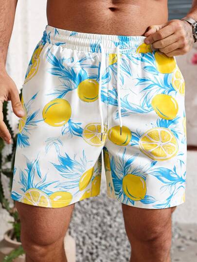 Surfspeed 男士轻盈全印花沙滩短裤，抽绳腰带，运动，休闲，旅行，速干，夏季，柠檬色典型地中海元素男士泳裤男士泳裤男士泳裤套装男士两件套夏季男士夏季服装两件套泳裤男士套装男士泳裤泳衣，夏威夷