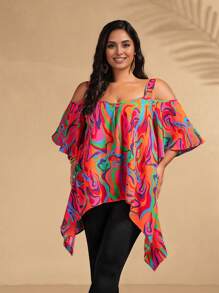 SHEIN Clasi 2pcs/Set Plus Size Women Summer Boho Holiday Outfit,Orange Floral Loose Cami Top,Asymmetrical Hem,Paired With Tight Knit Pants,Casual Vacation Design - Multicolor - View 4