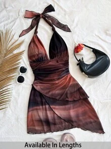 SHEIN Tall CURVE 大码性感复古渐变色露背 V 领系带网眼褶皱不对称下摆浪漫度假海滩迷你连衣裙女士夏季女士连衣裙度假春夏装女士狂欢装节日复活节女士装 - 彩色 - 查看 1