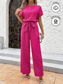 SHEIN Clasi 经典女式短袖蝴蝶结腰连体裤套装，宽松优雅阔腿连体裤，玫瑰红，春夏，亚麻