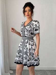 Breezaya Women's Elegant Fashionable Romantic Bohemian Vacation Casual Short Sleeve Printed Dress - Black and White - View 3