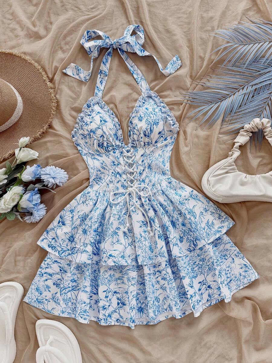 Soleia Women's Vacation A-Line Blue Floral Layered Ruffle Camisole Romantic Dress For Valentine's Day - Blue and White - View 1