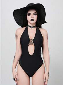 ROMWE Goth Women's Solid Color Deep V-Neck Sexy Halter Simple One-Piece Swimsuit, Suitable For Halloween - Black - View 5