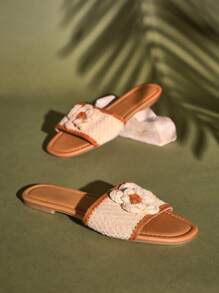 SHUZIA Women's Open Round Toe Espadrille Detailing Beige Slip On Sandals - White - View 5