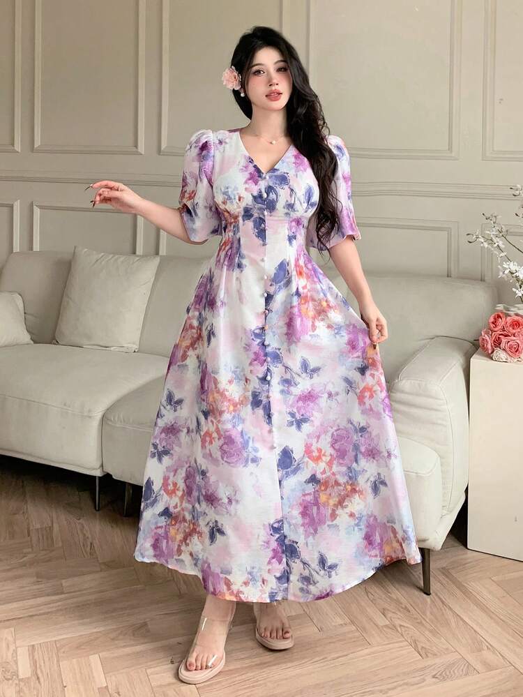 Women's Vacation Tie-Dye Printed Puff Sleeve Single-Breasted Midi Dress, Elegant Boho